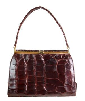 VINTAGE BROWN CROCODILE SKIN FRAME TOP HANDLE SHOULDER BAG HANDBAG SATCHEL PURSE